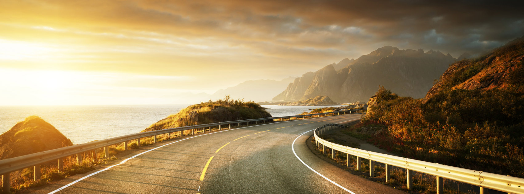 oad by the sea in sunrise time, Lofoten island, Norway